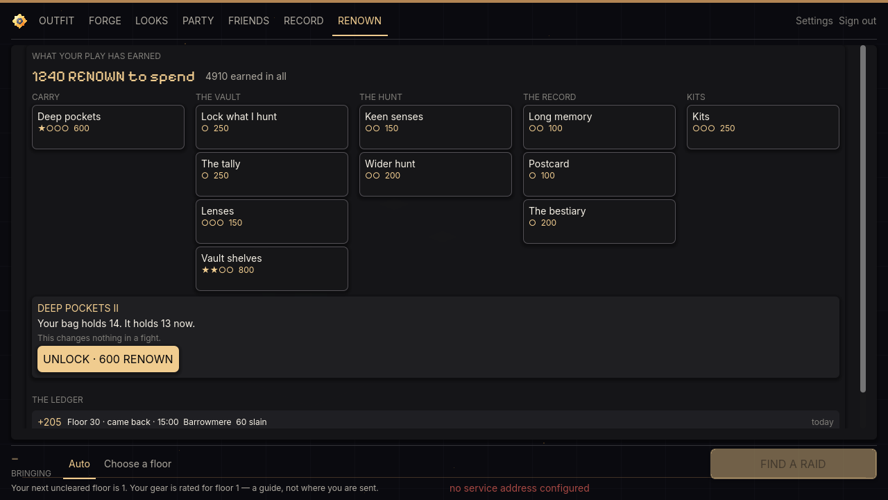 The Renown screen: points to spend and the catalogue of unlocks — carry, the vault, the Hunt, the record and kits.